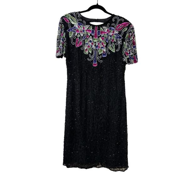Vintage Black Sequin Beaded Cocktail Dress Floral Short Sleeve 80s/90s Glam Lg - Picture 2 of 11